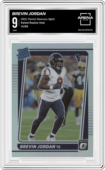 Brevin Jordan from the 2021 Panini Donruss Optic set featuring a Holo parallel graded by Arena Club and given an overall grade of 9.