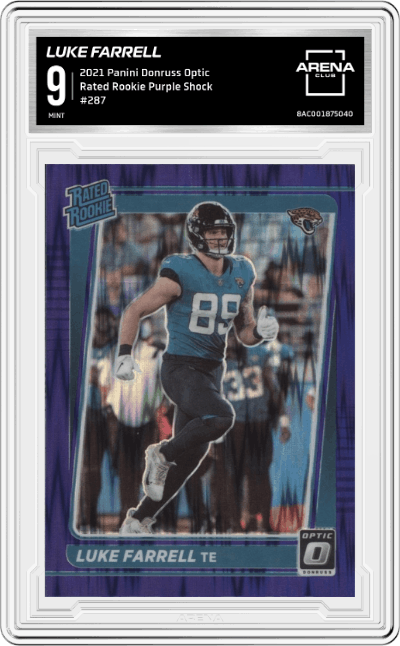 Luke Farrell from the 2021 Panini Donruss Optic set featuring a Purple Shock parallel graded by Arena Club and given an overall grade of 9.