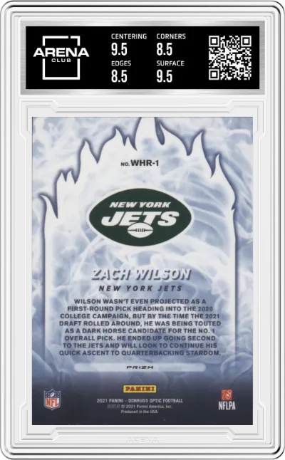 Zach Wilson from the 2021 Panini Donruss Optic set graded by Arena Club and given an overall grade of 9.