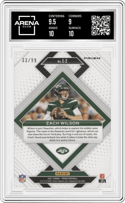 Zach Wilson from the 2021 Panini Prizm set featuring a Blue Ice Prizm parallel graded by Arena Club and given an overall grade of 9.5.