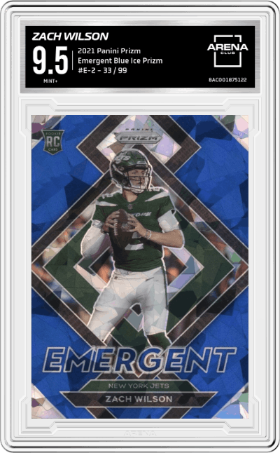 Zach Wilson from the 2021 Panini Prizm set featuring a Blue Ice Prizm parallel graded by Arena Club and given an overall grade of 9.5.