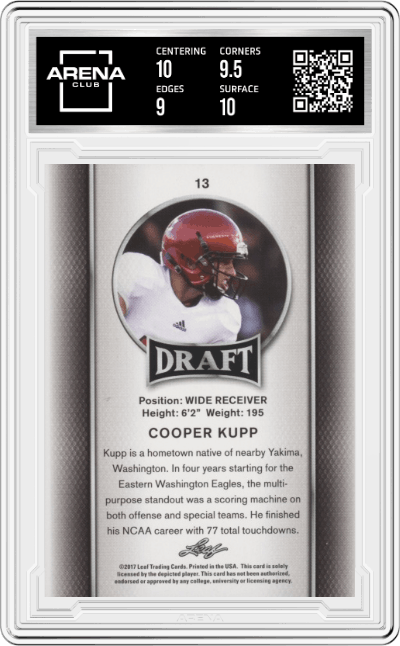Cooper Kupp from the 2017 Leaf Draft - Autograph Printing Plate Packs set featuring a Gold parallel graded by Arena Club and given an overall grade of 9.5.