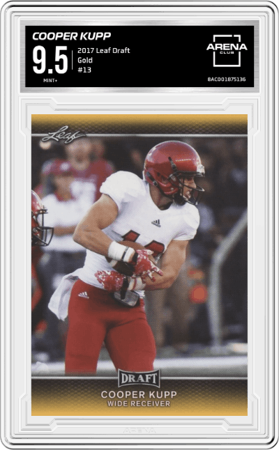 Cooper Kupp from the 2017 Leaf Draft - Autograph Printing Plate Packs set featuring a Gold parallel graded by Arena Club and given an overall grade of 9.5.