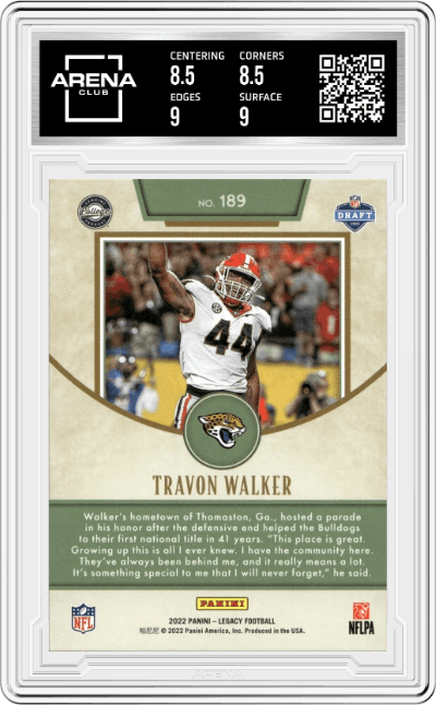 Travon Walker from the 2022 Panini Legacy set featuring a Green parallel graded by Arena Club and given an overall grade of 9.