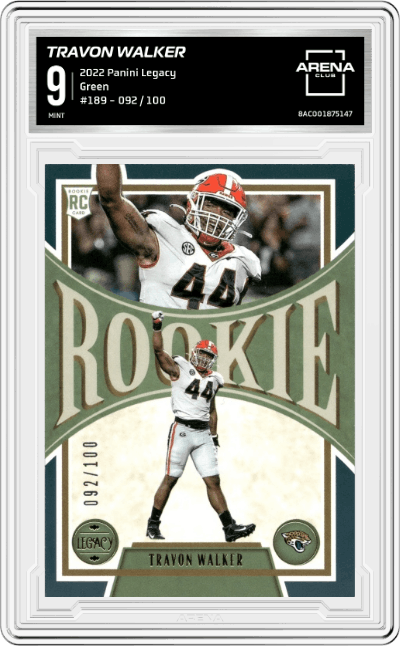 Travon Walker from the 2022 Panini Legacy set featuring a Green parallel graded by Arena Club and given an overall grade of 9.