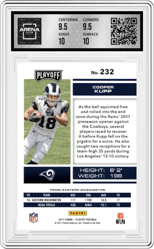 Cooper Kupp from the 2017 Panini Playoff set graded by Arena Club and given an overall grade of 10.