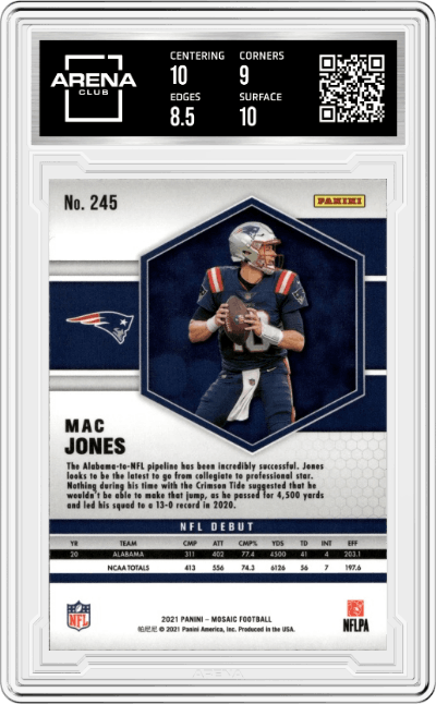 Mac Jones from the 2021 Panini Mosaic set graded by Arena Club and given an overall grade of 9.