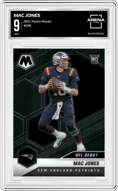 Mac Jones from the 2021 Panini Mosaic set graded by Arena Club and given an overall grade of 9.