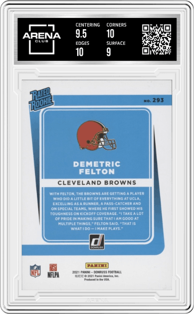 Demetric Felton from the 2021 Panini Donruss set featuring a Silver Press Proof  parallel graded by Arena Club and given an overall grade of 9.5.