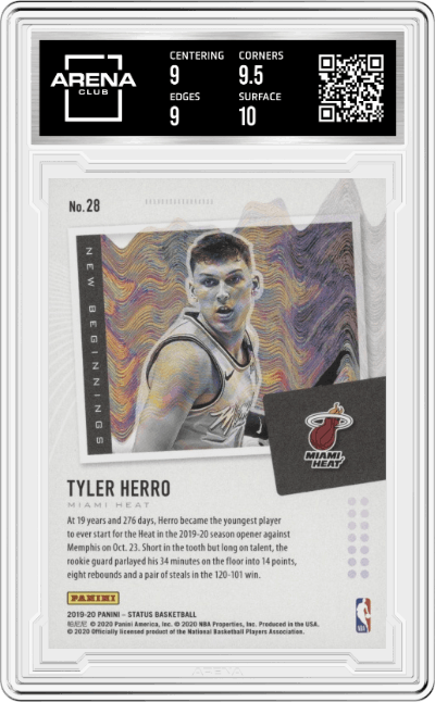 Tyler Herro from the 2019-20 Panini Status Basketball set graded by Arena Club and given an overall grade of 9.5.