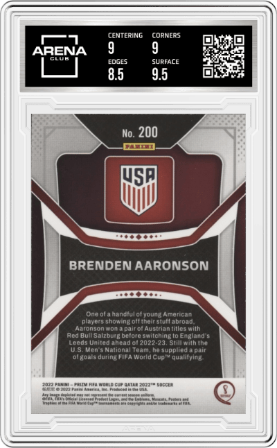 Brenden Aaronson from the 2022 Panini Prizm FIFA WC Qatar set graded by Arena Club and given an overall grade of 9.