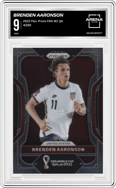 Brenden Aaronson from the 2022 Panini Prizm FIFA WC Qatar set graded by Arena Club and given an overall grade of 9.