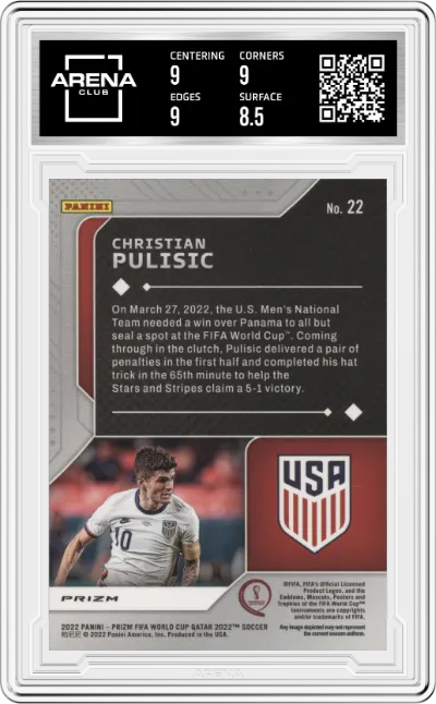 Christian Pulisic from the 2022 Panini Prizm FIFA WC Qatar set featuring a Silver Prizm parallel graded by Arena Club and given an overall grade of 9.