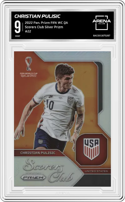 Christian Pulisic from the 2022 Panini Prizm FIFA WC Qatar set featuring a Silver Prizm parallel graded by Arena Club and given an overall grade of 9.