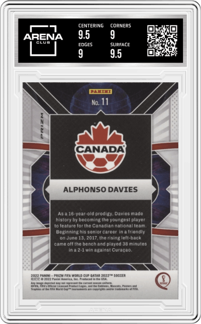Alphonso Davies from the 2022 Panini Prizm FIFA WC Qatar set featuring a Silver Prizm parallel graded by Arena Club and given an overall grade of 9.5.