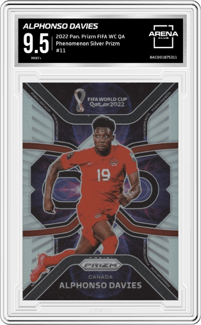 Alphonso Davies from the 2022 Panini Prizm FIFA WC Qatar set featuring a Silver Prizm parallel graded by Arena Club and given an overall grade of 9.5.