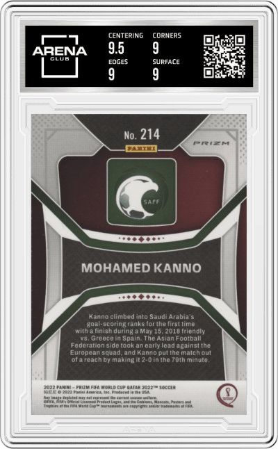 Mohamed Kanno from the 2022 Panini Prizm FIFA WC Qatar set featuring a Silver Prizm parallel graded by Arena Club and given an overall grade of 9.