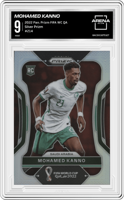 Mohamed Kanno from the 2022 Panini Prizm FIFA WC Qatar set featuring a Silver Prizm parallel graded by Arena Club and given an overall grade of 9.