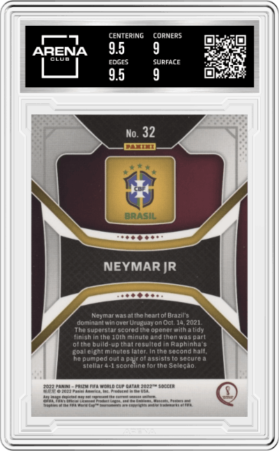 Neymar Jr from the 2022 Panini Prizm FIFA WC Qatar set graded by Arena Club and given an overall grade of 9.5.