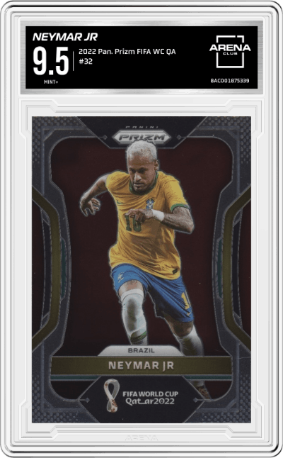 Neymar Jr from the 2022 Panini Prizm FIFA WC Qatar set graded by Arena Club and given an overall grade of 9.5.