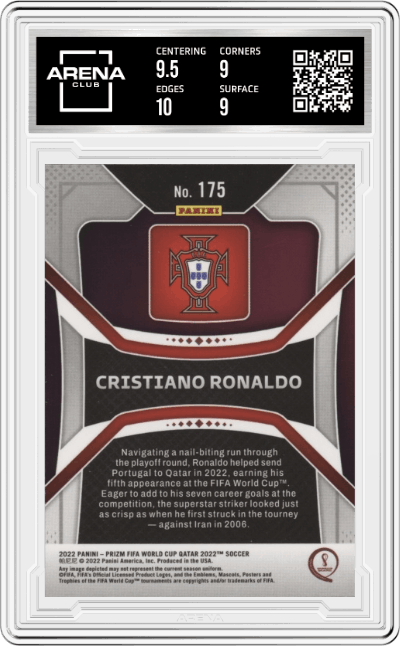 Cristiano Ronaldo from the 2022 Panini Prizm FIFA WC Qatar set graded by Arena Club and given an overall grade of 9.5.