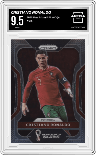 Cristiano Ronaldo from the 2022 Panini Prizm FIFA WC Qatar set graded by Arena Club and given an overall grade of 9.5.