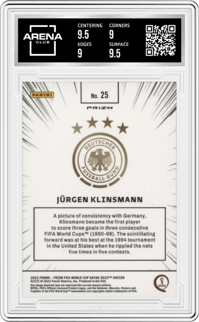 Jurgen Klinsmann from the 2022 Panini Prizm FIFA WC Qatar set graded by Arena Club and given an overall grade of 9.5.