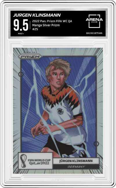 Jurgen Klinsmann from the 2022 Panini Prizm FIFA WC Qatar set graded by Arena Club and given an overall grade of 9.5.