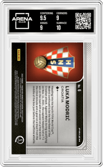 Luka Modric from the 2022 Panini Prizm FIFA WC Qatar set graded by Arena Club and given an overall grade of 9.5.
