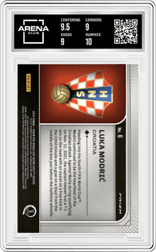 Luka Modric from the 2022 Panini Prizm FIFA WC Qatar set graded by Arena Club and given an overall grade of 9.5.