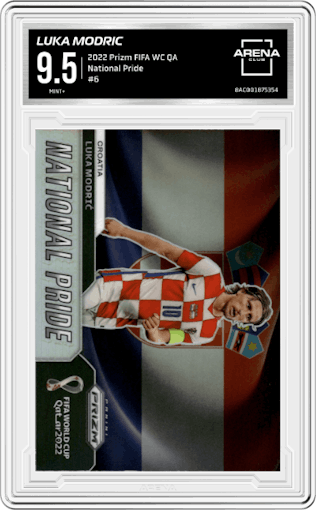 Luka Modric from the 2022 Panini Prizm FIFA WC Qatar set graded by Arena Club and given an overall grade of 9.5.