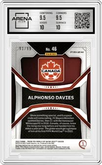 Alphonso Davies from the 2022 Panini Prizm FIFA WC Qatar set featuring a Red Mojo parallel graded by Arena Club and given an overall grade of 10.