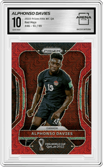 Alphonso Davies from the 2022 Panini Prizm FIFA WC Qatar set featuring a Red Mojo parallel graded by Arena Club and given an overall grade of 10.