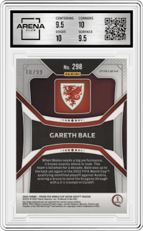 Gareth Bale from the 2022 Panini Prizm FIFA WC Qatar set featuring a Red Mojo parallel graded by Arena Club and given an overall grade of 10.