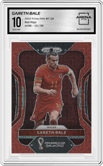 Gareth Bale from the 2022 Panini Prizm FIFA WC Qatar set featuring a Red Mojo parallel graded by Arena Club and given an overall grade of 10.