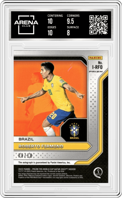 Roberto Firmino from the 2022 Panini Prizm FIFA WC Qatar set featuring a Gold Prizm parallel graded by Arena Club and given an overall grade of 8.5.