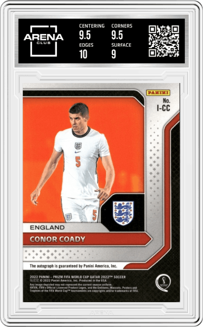 Conor Coady from the 2022 Panini Prizm FIFA WC Qatar set graded by Arena Club and given an overall grade of 9.5.