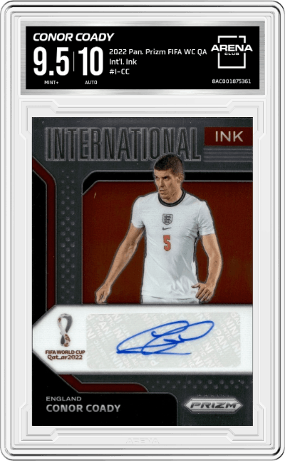 Conor Coady from the 2022 Panini Prizm FIFA WC Qatar set graded by Arena Club and given an overall grade of 9.5.
