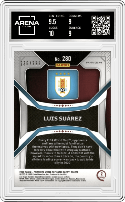 Luis Suarez from the 2022 Panini Prizm FIFA WC Qatar set featuring a Blue Prizm parallel graded by Arena Club and given an overall grade of 9.5.