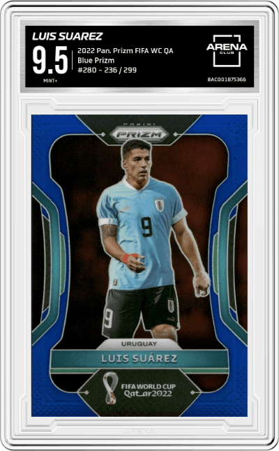 Luis Suarez from the 2022 Panini Prizm FIFA WC Qatar set featuring a Blue Prizm parallel graded by Arena Club and given an overall grade of 9.5.