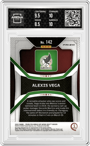 Alexis Vega from the 2022 Panini Prizm FIFA WC Qatar set featuring a Hyper Prizm parallel graded by Arena Club and given an overall grade of 9.