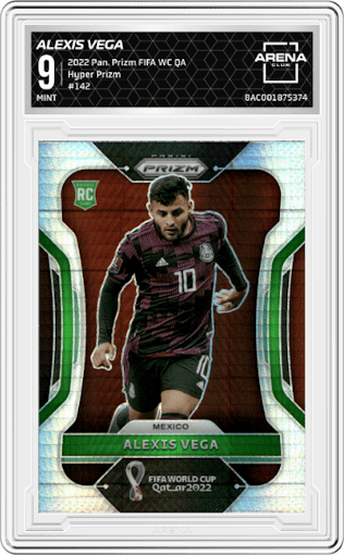 Alexis Vega from the 2022 Panini Prizm FIFA WC Qatar set featuring a Hyper Prizm parallel graded by Arena Club and given an overall grade of 9.