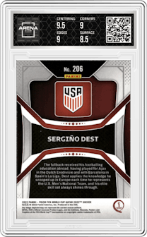 Sergino Dest from the 2022 Panini Prizm FIFA WC Qatar set graded by Arena Club and given an overall grade of 9.