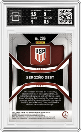 Sergino Dest from the 2022 Panini Prizm FIFA WC Qatar set graded by Arena Club and given an overall grade of 9.