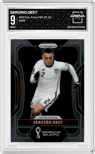 Sergino Dest from the 2022 Panini Prizm FIFA WC Qatar set graded by Arena Club and given an overall grade of 9.