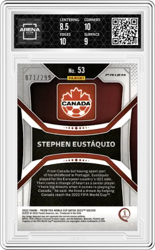 Stephen Eustaquio from the 2022 Panini Prizm FIFA WC Qatar set featuring a Blue Prizm parallel graded by Arena Club and given an overall grade of 9.