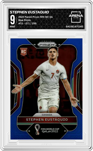 Stephen Eustaquio from the 2022 Panini Prizm FIFA WC Qatar set featuring a Blue Prizm parallel graded by Arena Club and given an overall grade of 9.