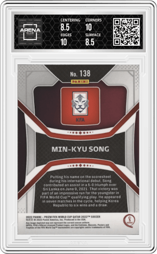 Min-Kyu Song from the 2022 Panini Prizm FIFA WC Qatar set graded by Arena Club and given an overall grade of 9.