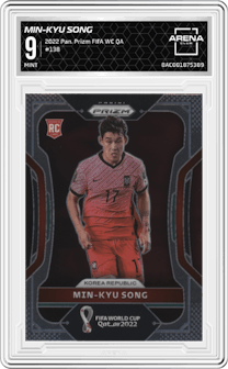 Min-Kyu Song from the 2022 Panini Prizm FIFA WC Qatar set graded by Arena Club and given an overall grade of 9.