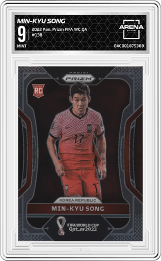 Min-Kyu Song from the 2022 Panini Prizm FIFA WC Qatar set graded by Arena Club and given an overall grade of 9.